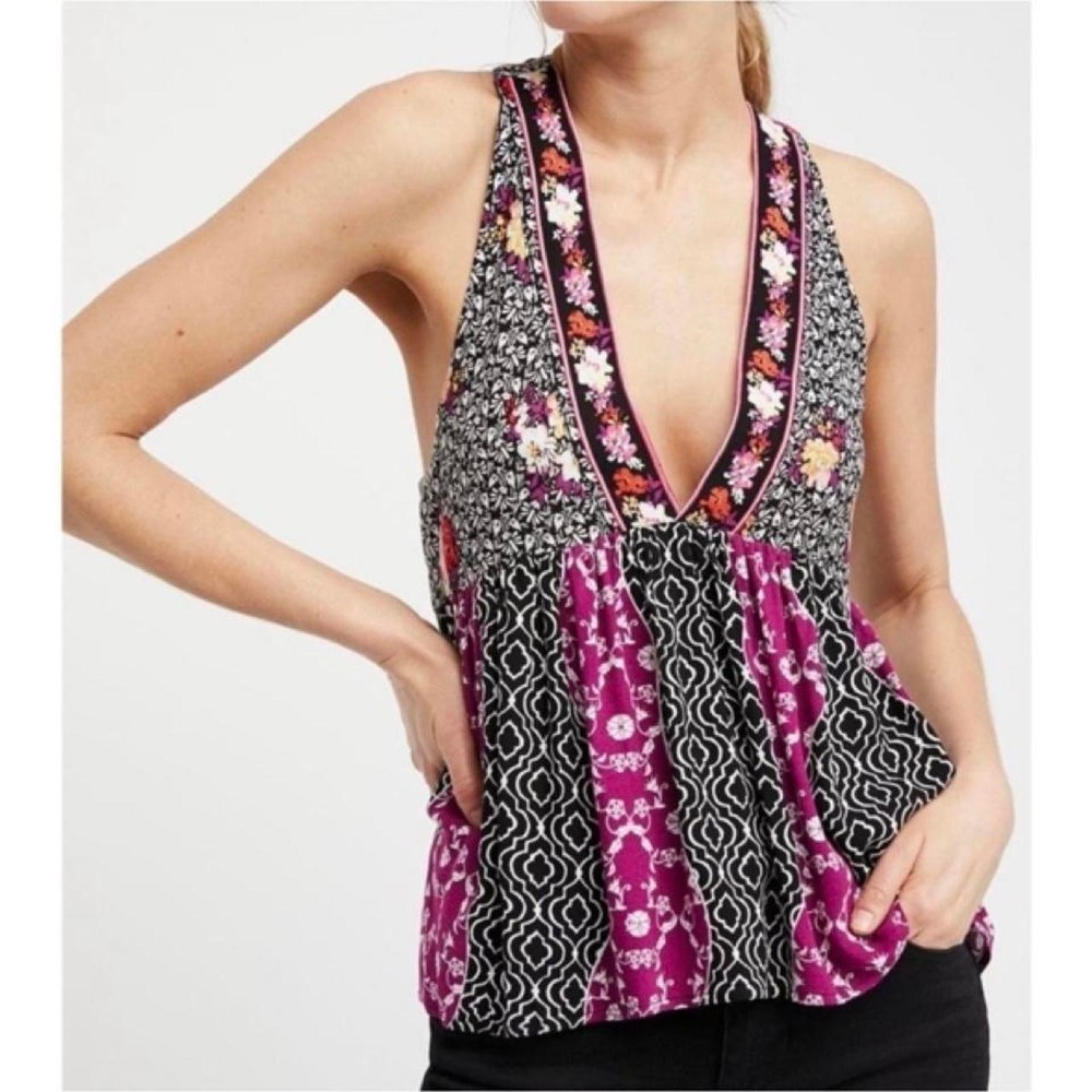 Free People Dream Darlin' Deep V Neck Floral Babydoll Tank Top Size L